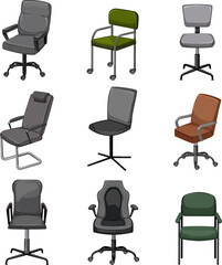 office chair set cartoon. work modern, furnoture empty, armchair business, seat desk, interior office chair vector illustration