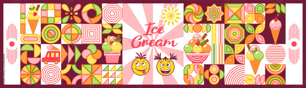 Aufkleber bundle of design elements with ice cream, emoji in simple geometric style. abstract shapes. good for