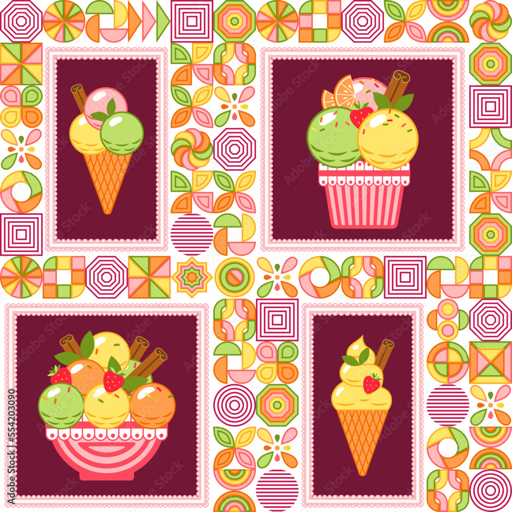 Poster seamless pattern with ice cream in rectangular frames, abstract geometric shapes. mosaic simple mini