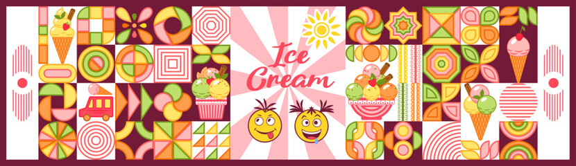 Fototapeta premium Bundle of design elements with ice cream, emoji in simple geometric style. Abstract shapes. Good for branding, decoration of food package, cover design, decorative print, background.