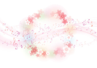 美しいメロディー流れる、桜と音符のフレーム、背景