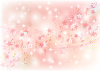 Fototapeta na wymiar 美しいメロディー流れる、桜と音符のフレーム、背景