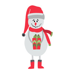 Doodle snowman in a red hat with gift.