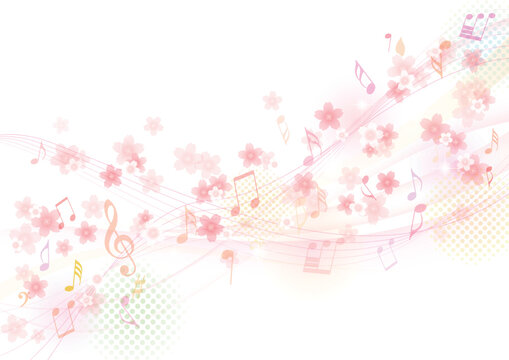 美しいメロディー流れる、桜と音符のフレーム、背景