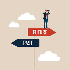 Past and future. Businessman confidently chooses to move forward to the future. Modern vector illustration flat design