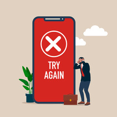 Naklejka premium Confused businessman. Payment error info message on smartphone. Customer cross marks failure. Flat modern vector illustration