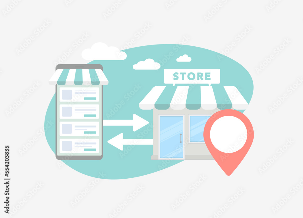 Poster online to offline - o2o ecommerce concept. pickup, fitting and checking online order from an offline