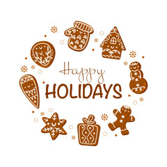 Happy Holiday text in round frame made of gingerbread cookies. Cartoon hand drawn vector isolated on white background.