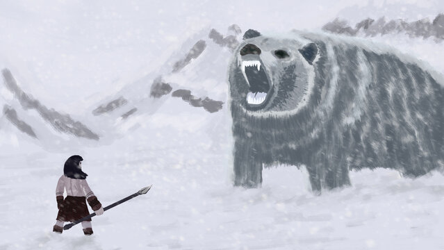 A Viking with a spear faces a big bear in the heavy snow. Digital art style. illustration painting