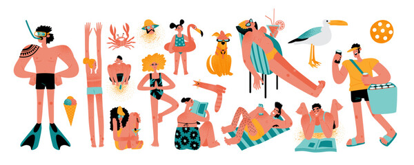Plakat Set of vector funny characters relaxing, sunbathing, drinking cocktails and reading on the beach. People and animals at the resort
