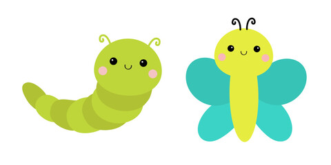 Obraz premium Caterpillar butterfly insect icon set. Crawling catapillar bug. Cute cartoon funny character. Baby collection. Smiling face. Flat design. CGreen yellow blue color. White background. Isolated.