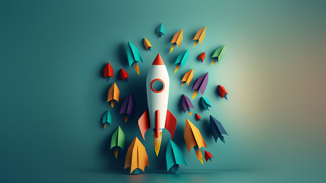 rocket paper fly over colorful background lead rocket stand out of other paper rocket follower illustration of leadership success business concept, generative ai