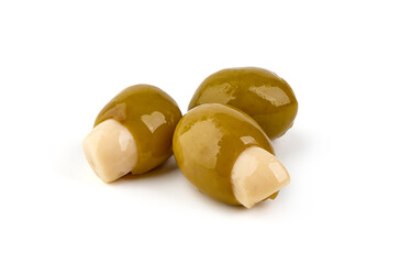 Garlic Stuffed Green Olives, isolated on white background