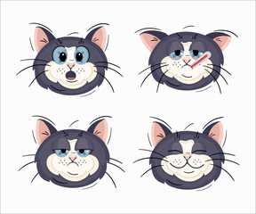 Set of cat emotions disdain,sad, relax, sick. Funny cartoon character in vector illustration.