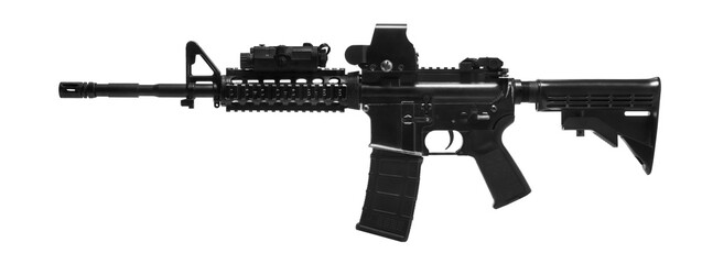 Weapons and military equipment for army, Assault rifle gun (M4A1) with attachment, red dot sign...