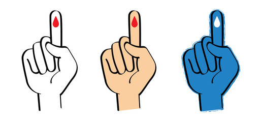 Cartoon hand, blood drop. World diabetes day. Human hands and lifted up index. Finger and drops of blood. November 14, global awareness month campaign focusing on diabetes. Blue circle, ring ribbon.