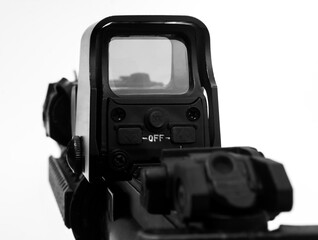 Weapons and military equipment for army, Assault rifle gun (M4A1) with attachment, red dot sign...