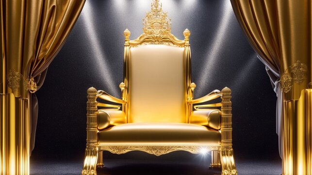 centered empty royal golden throne with a gold curtain and a black background with whit glowing light spots, generative AI