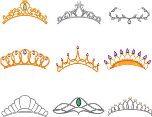 tiara crown set cartoon. princess queen, royal diadem, jewelry diamond, gold decoration, beauty tiara crown vector illustration © PikePicture