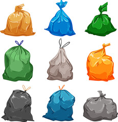 trash bag set cartoon. garbage plastic, waste bin, can recycle, dustbin container, clean trash bag vector illustration