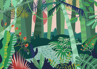 Tropical rainforest palm landscape, wild woodland sunset and sunrise, nature scenery area cartoon vector illustration. Hidden outdoor hike road.