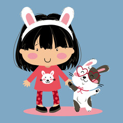Illustration of a girl wearing bunny ears headband holding a bunny with heart-shaped glasses holding hands