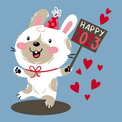Illustration of a bunny wearing a party hat and holding a sign that congratulates us on the new year 2023