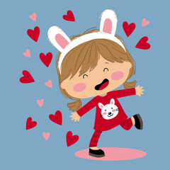 Illustration of a girl with bunny ears headband dancing among hearts