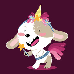 Illustration of a rabbit dressed as a unicorn with a magic wand in its hand