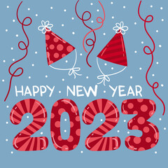 Illustration of the number 2023 decorated with stripes and polka dots, two party hats, streamers and confetti