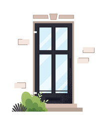 Black door concept. Entrance to building, graphic element for website. Exterior and facade, city or town landscape. Traditional doorway outdoor. Cartoon flat vector illustration