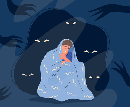 Man with nightmare. Young guy under blanket hides from eyes in dark. Phobia and fear, mental disorder and psychological problems. Poster or banner for website. Cartoon flat vector illustration