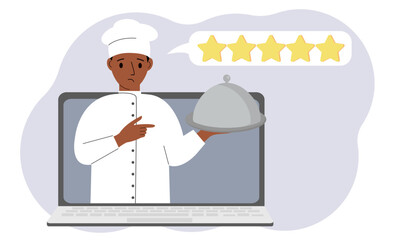 A site with reviews of online grocery shopping through a laptop or ordering fast food delivery. The cook holds a tray with a lid or a plate with a lid.