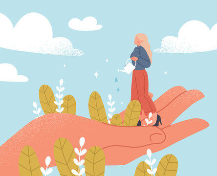 Psychology concept of self love. Girl stands on big hand and waters plants. Psychology, mental health, awareness and inner balance. Self acceptance and confidence. Cartoon flat vector illustration