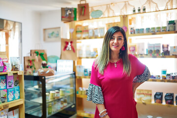 Fototapeta na wymiar portrait latin mid adult woman owner of a small healthy food business