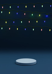 Dark, aqua blue 3D illustration render simple, minimal product display Christmas or New Year themed with colorful Christmas lights product photography wallpaper with one product podium or stand