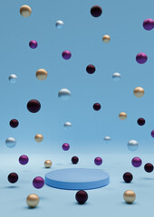 Bright, light sky blue 3D illustration minimal product display Christmas themed colorful decoration Christmas balls colorful metallic marbles falling photography wallpaper with one podium or stand