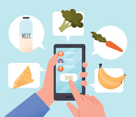 Sharing food online. Character with smartphone orders natural and organic products. Fruits and milk, vegan nutrition and diet. Online shopping and home delivery. Cartoon flat vector illustration