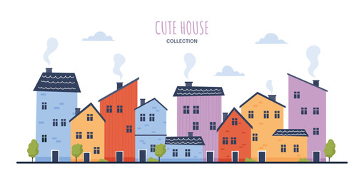 Town with cute houses. Urban landscape and architecture, exterior and facade. Road or highway with colorful buildings. Landing page design, poster or banner. Cartoon flat vector illustration - obrazy, fototapety, plakaty