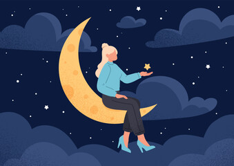 Woman sitting on moon. Young girl with star in her hand against background of clouds and sky. Dream, imagination and fantasy, dreams. Graphic element for website. Cartoon flat vector illustration