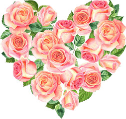 Watercolor rose flowers heart. Floral collection with flowers and leaves. Hand painted set of spring decorative design elements for banners, cards, wedding invitations