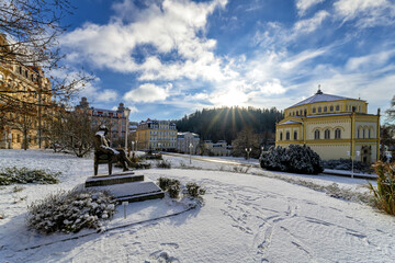 Goethe square in winter under snow - small west bohemian spa town Marianske Lazne (Marienbad) - Czech Republic - Europe