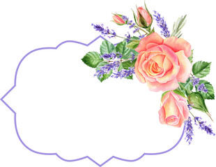 Watercolor rose and lavender flowers frame. Floral collection with flowers and leaves. Hand painted set of spring decorative design elements for banners, cards, wedding invitations