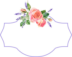 Fototapeta premium Watercolor rose and lavender flowers frame. Floral collection with flowers and leaves. Hand painted set of spring decorative design elements for banners, cards, wedding invitations