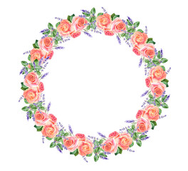 Fototapeta na wymiar Watercolor rose and lavender flowers wreath. Floral collection with flowers and leaves. Hand painted set of spring decorative design elements for banners, cards, wedding invitations