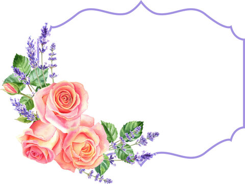 Watercolor rose and lavender flowers frame. Floral collection with flowers and leaves. Hand painted set of spring decorative design elements for banners, cards, wedding invitations