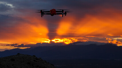 Les Albères en feu avec drone, drone Flying in front of Dawn on the mountains