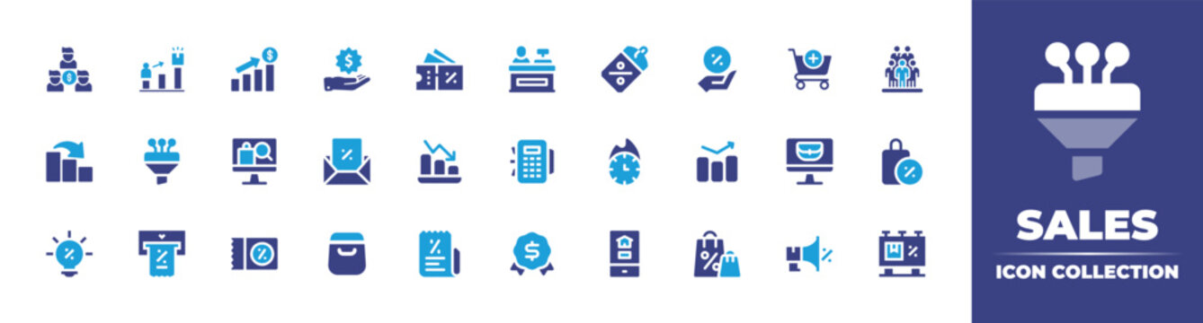 Sales icon collection. Vector illustration. Containingsales team, reward, revenue, badge, discount, cashier, price tag, interest, add to cart, human resources, down, funnel, shopping, email, and more.