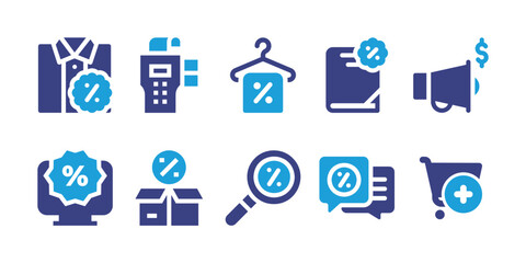 Fototapeta na wymiar Sales icon set. Vector illustration. Containing shirt, pos, sale, discount, megaphone, online, open box, sales, add to cart