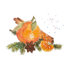 Watercolor Christmas card with fir branches, and tangerines